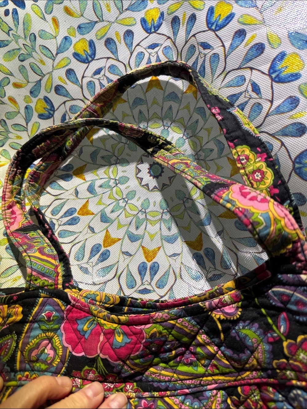 Vera Bradley Black Quilted Tote with Pink, Green & Yellow Floral Print - Picture 6 of 10